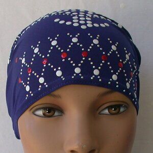 BLUE Pre-Tied Stud Chemo Cap Slip On Bonnet Hijab Undercap #1